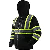 JKSafety Hi-Vis Safety Sweatshirt for men women High Visibility Zip-Up Hooded Sweatshirt Hoodie work utility Reflective Strips with Extended Trims (JK121-Black,L)