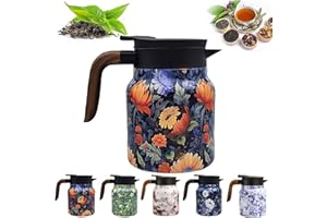 Vintage Floral Pattern Tea, Tea Pot Built-in Infuser, Stainless Steel Teapot Carafe with Lid for Hot Drinks (Style E,1000ml)