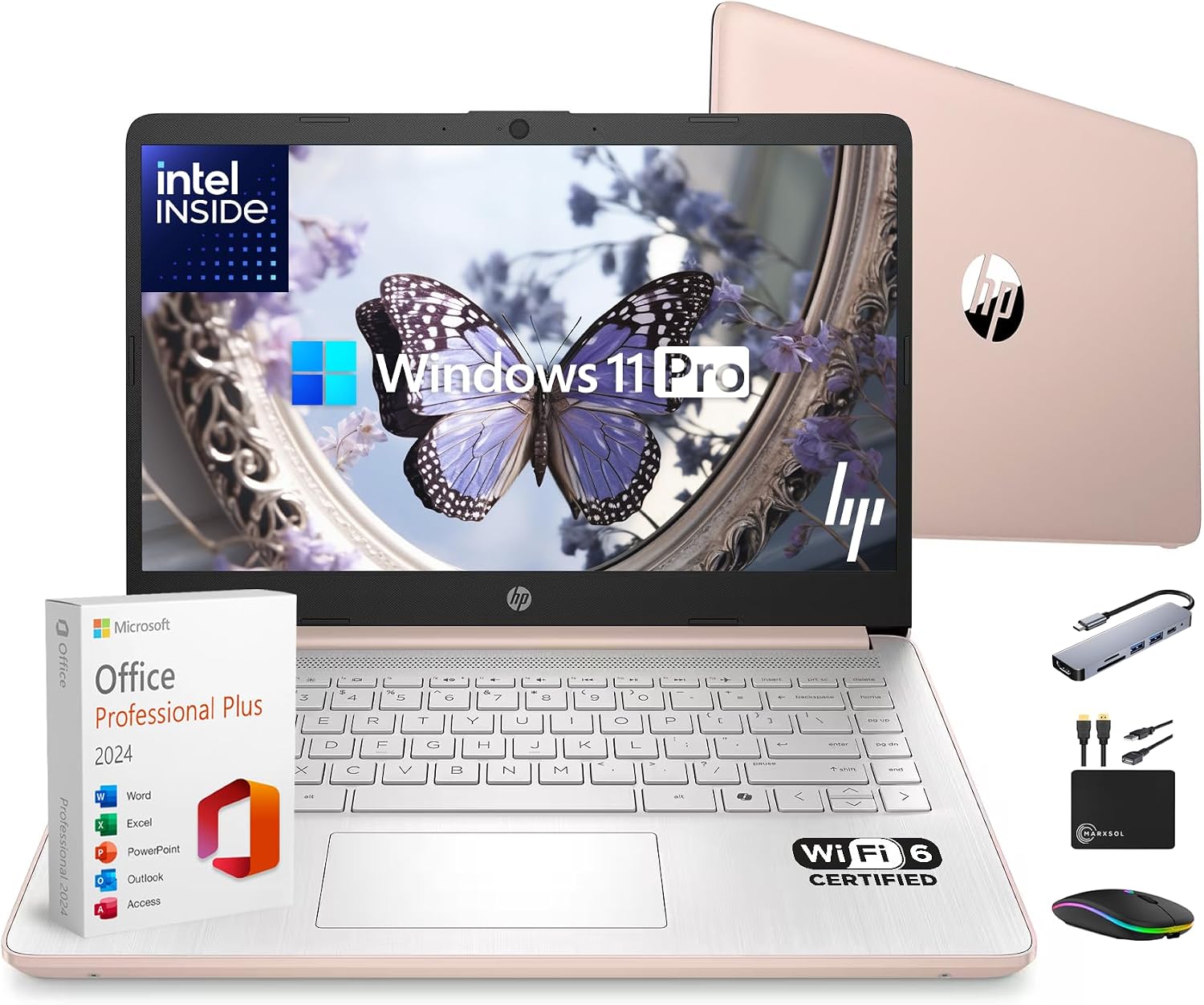 HP 14" Laptop Thin and Light for 2026 Student Business with Office Suite, Copilot AI, Intel CPU Up to 2.8GHz, 16GB RAM, 628GB Storage (128GB SSD+500GB Ext), WiFi 6, Win 11 Pro, MarxsolAddon, Rosegold