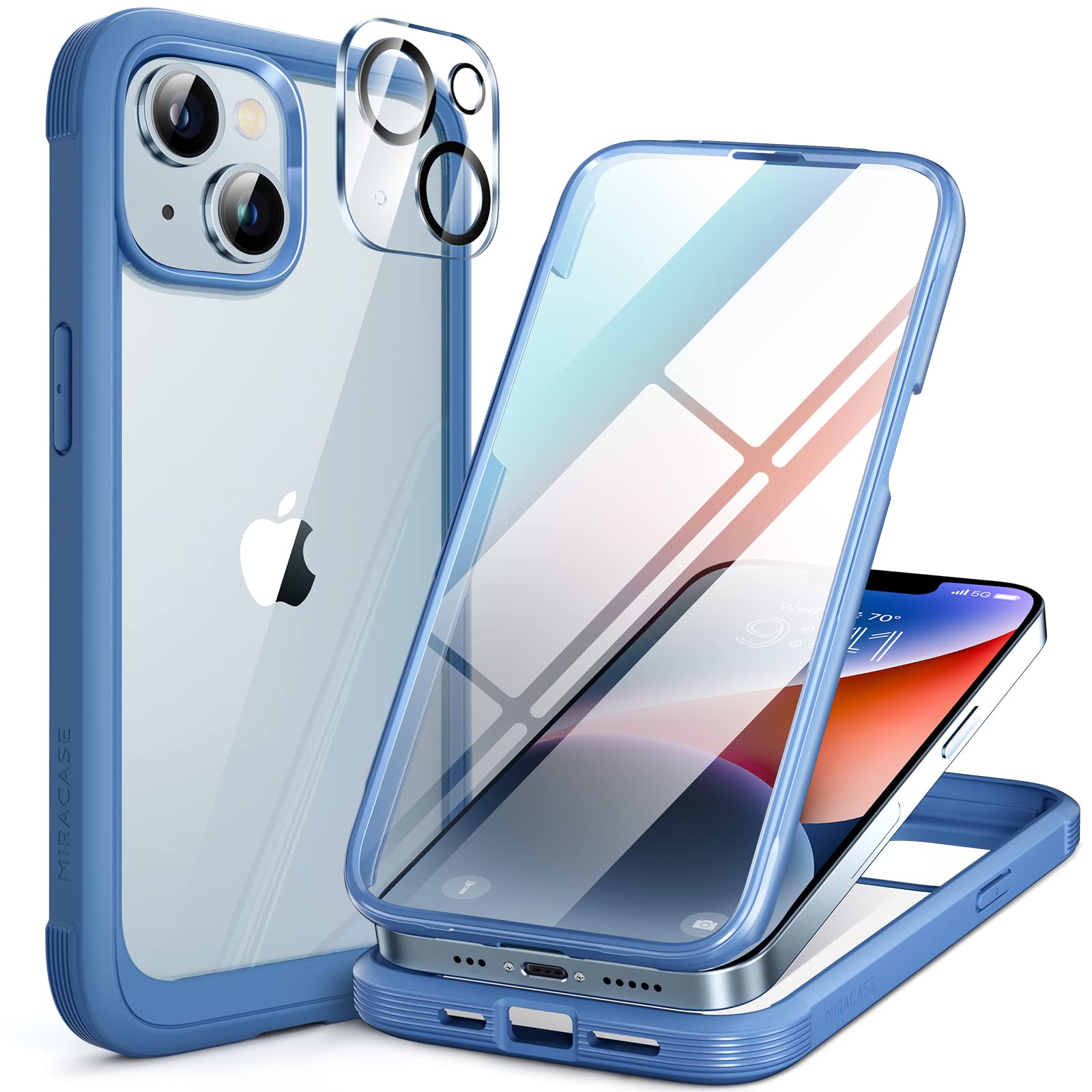 Photo 1 of Miracase Glass Series for iPhone 14 Case 6.1 inch, [Built-in Tempered Glass Screen Protector] [Bubble Free] Full-Body Protective Bumper Phone Case with Camera Lens Protector, Blue