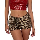 RARITYUS Women’s Glitter Sequin Leopard Mini Shorts Sexy Skinny Mid Rise Hot Pants Y2K Club Party Booty Shorts