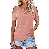 Minclouse Women's Summer Short Sleeves Tops Cold Shoulder V Neck Shirts Casual Strappy Tees