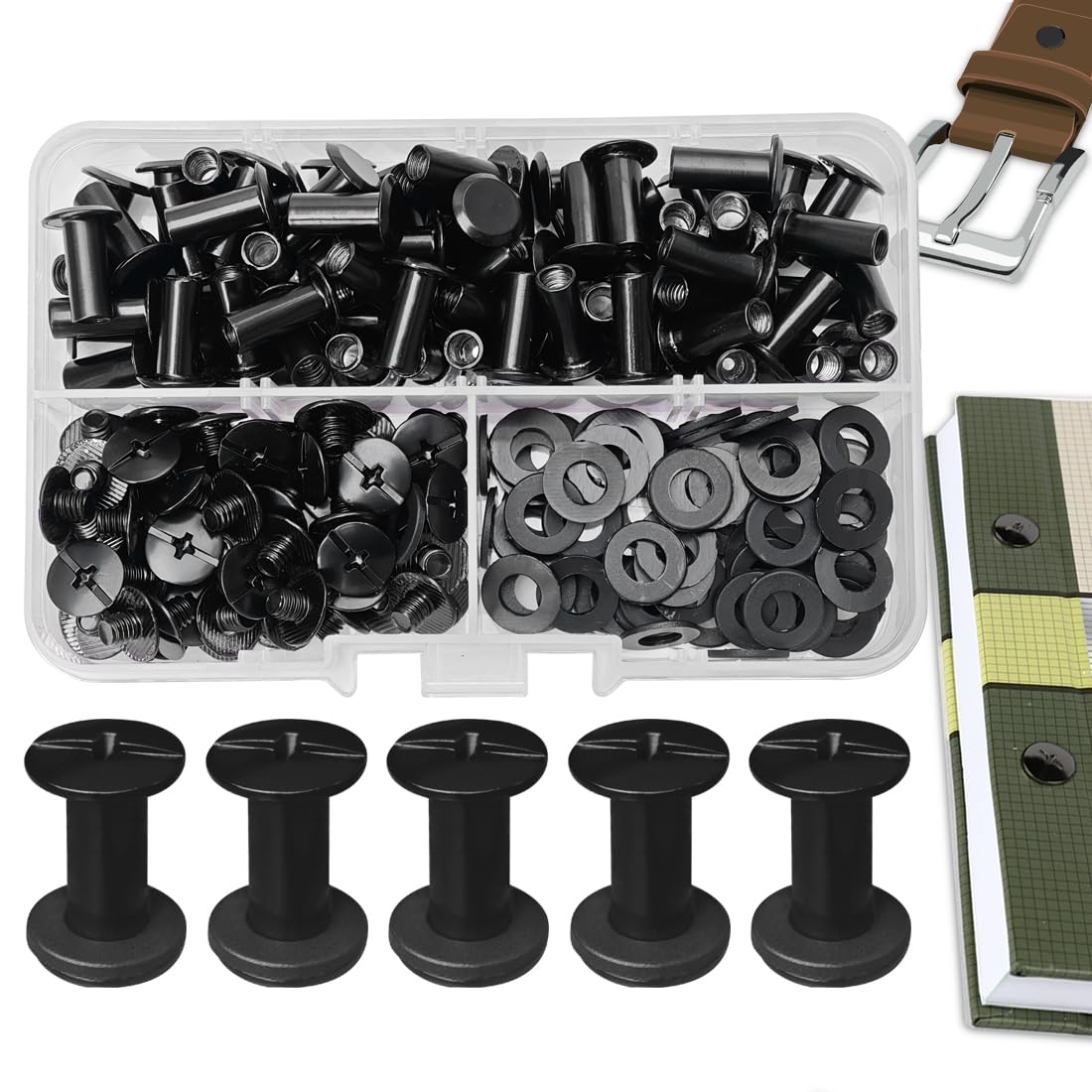 SHSMPXOY 70 Set Chicago Screws Posts for Leather Rivets M5*12mm Chicago Book Binding Screws Rivets Cross Head Chicago Button Screws for DIY Book Scrapbook Bookbinding, Bags,Collars(Matte Black)