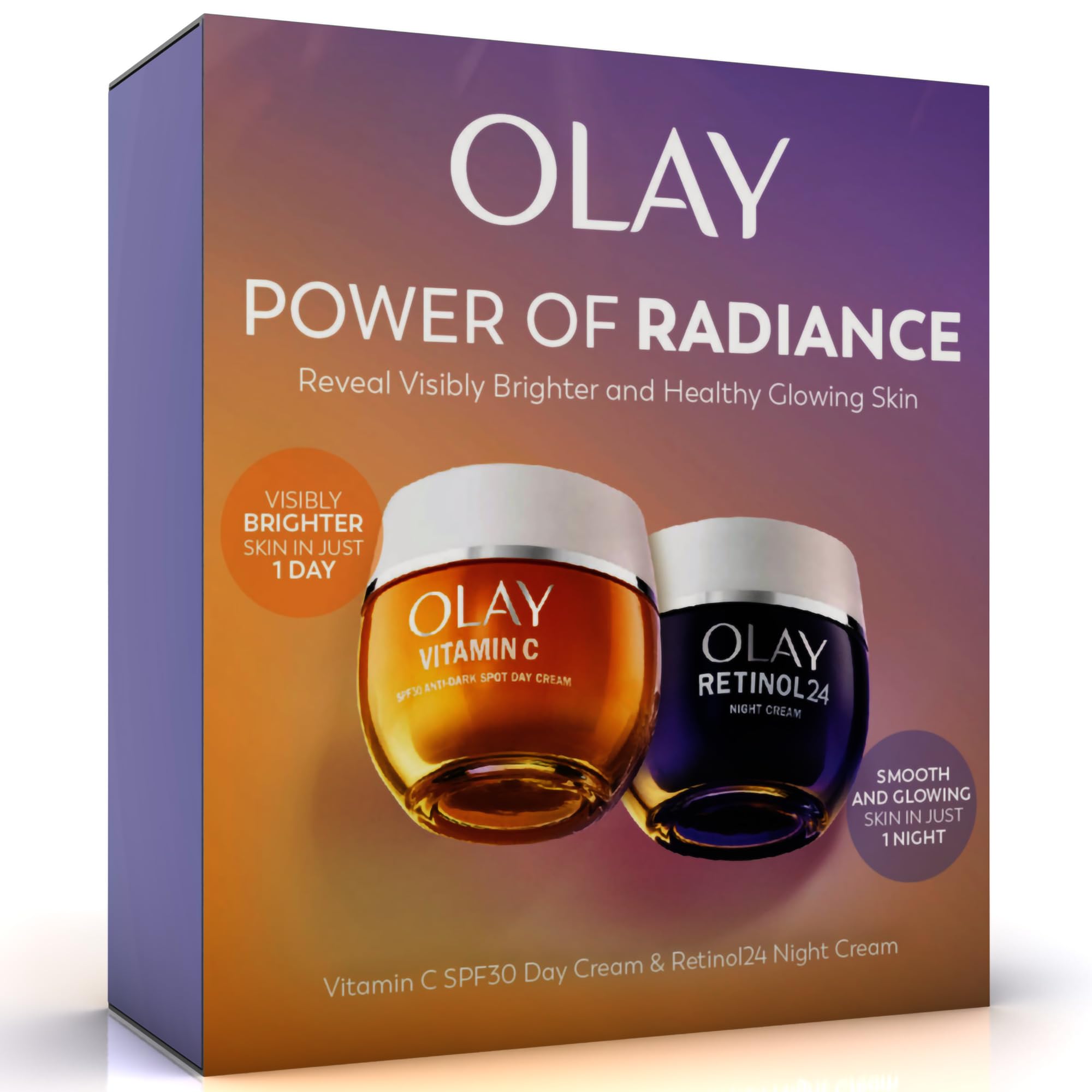 Olay Power of Radiance Giftset: Vitamin C Anti-Dark Spot SPF 30 Day Cream Face Moisturiser 50ml + Retinol 24 Night Cream 50ml, Brightening Glow Skincare for Women