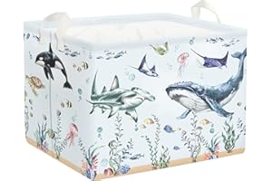 HUUMONSS Ocean Animals Baby Laundry Hamper Collapsible Clothes Kids Storage Basket Large Boys Girls Gift Toy Box Bin for Nursery Room, Blue Shark, 36L