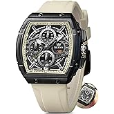 OLEVS Mens Watches Luxury,Silicon Strap Watches for Men,Chronograph Waterproof Business Large Face Tonneau Quartz Fashion Men’s Wrist Watch Dress Relojes para Hombres(Red/Yellow/Black/White Strap)