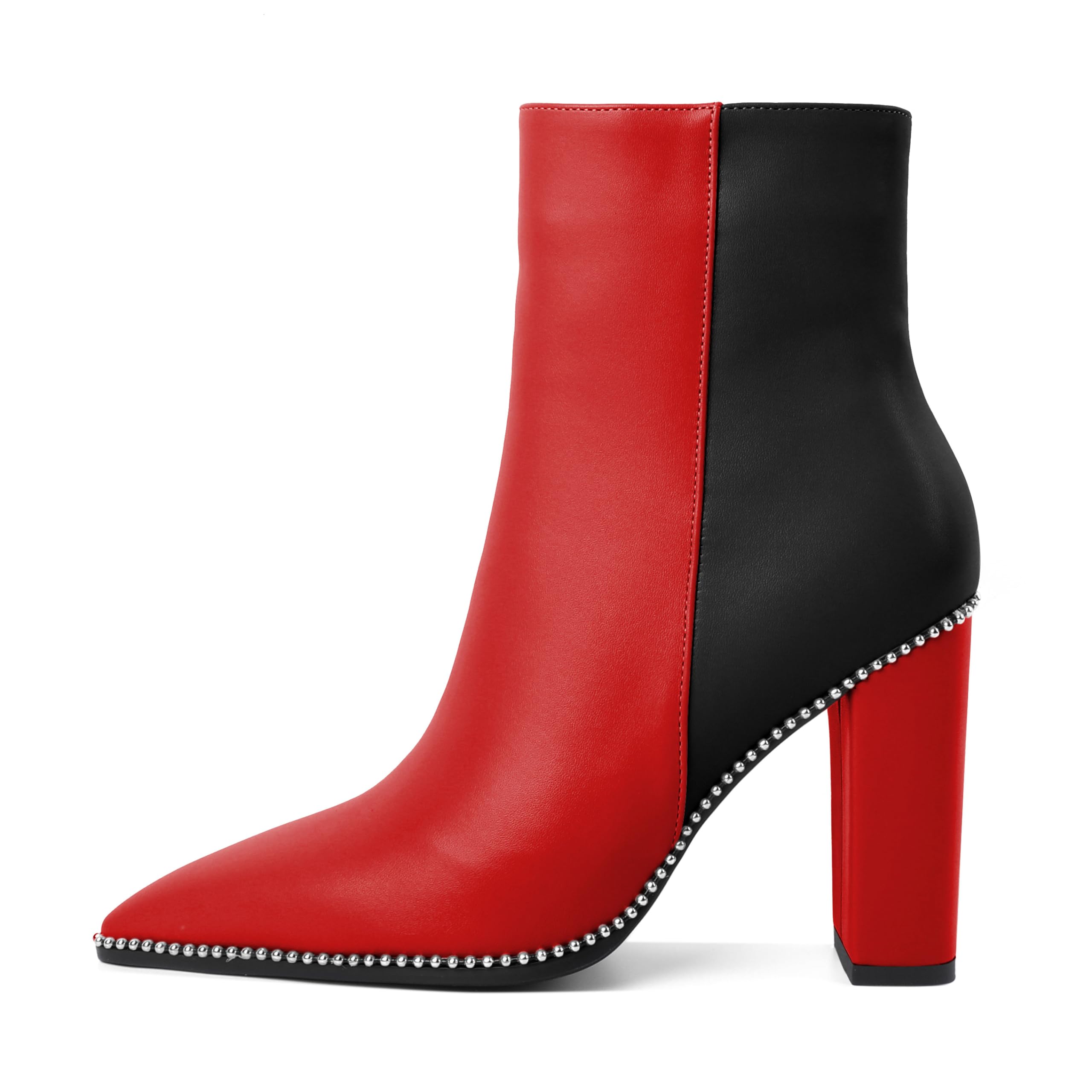 Photo 1 of Eldof Women Boots Ankle Closed Pointed Toe Chunky Heel Boots Beaded Block High Heeled Booties for Women Side Zipper Faux Leather Red Black 3.5 Inches US Size 7