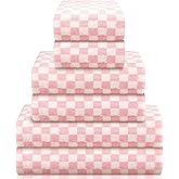 Kinlop 6 Pcs Checkered Bath Towels Set Coral Washcloth Soft Fleece Quick Dry Patterned Hand Towel for Bathroom Back to School Gym Spa Beach Accessories(Pink,Checkered)