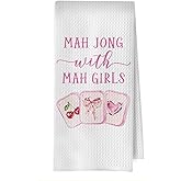 XIVENHAVM Mahjong Gifts Kitchen Decor - Coquette Mahjong Decorative Waffle Dish Towels for Kitchen, Pink Bow Mah Jong Hand Towels, Mah Jong Friends Gifts for Women Tea Towel, 16×24 Inches
