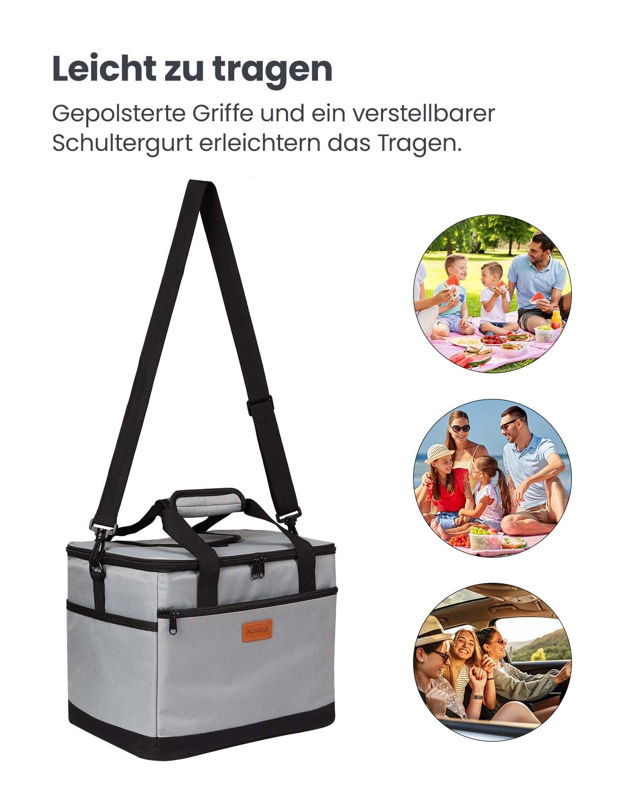 Kollea Kühltasche - 30L Picknicktasche - Isoliertasche - Lunchtasche Hält warm und kalt, Auslaufsicher, Mit Tragegurten, Mehrere Taschen - Ideal für Reisen, Camping, Grillen, Lebensmitteltransport 6