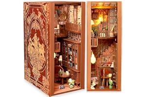 TuKIIE DIY Book Nook Miniature Kit, Booknook Dollhouse Bookshelf Insert with LED Light & Music Movement, Wooden Decorative Bookend Stand Model Kits for Kids Teens Adults(Secret Castle)