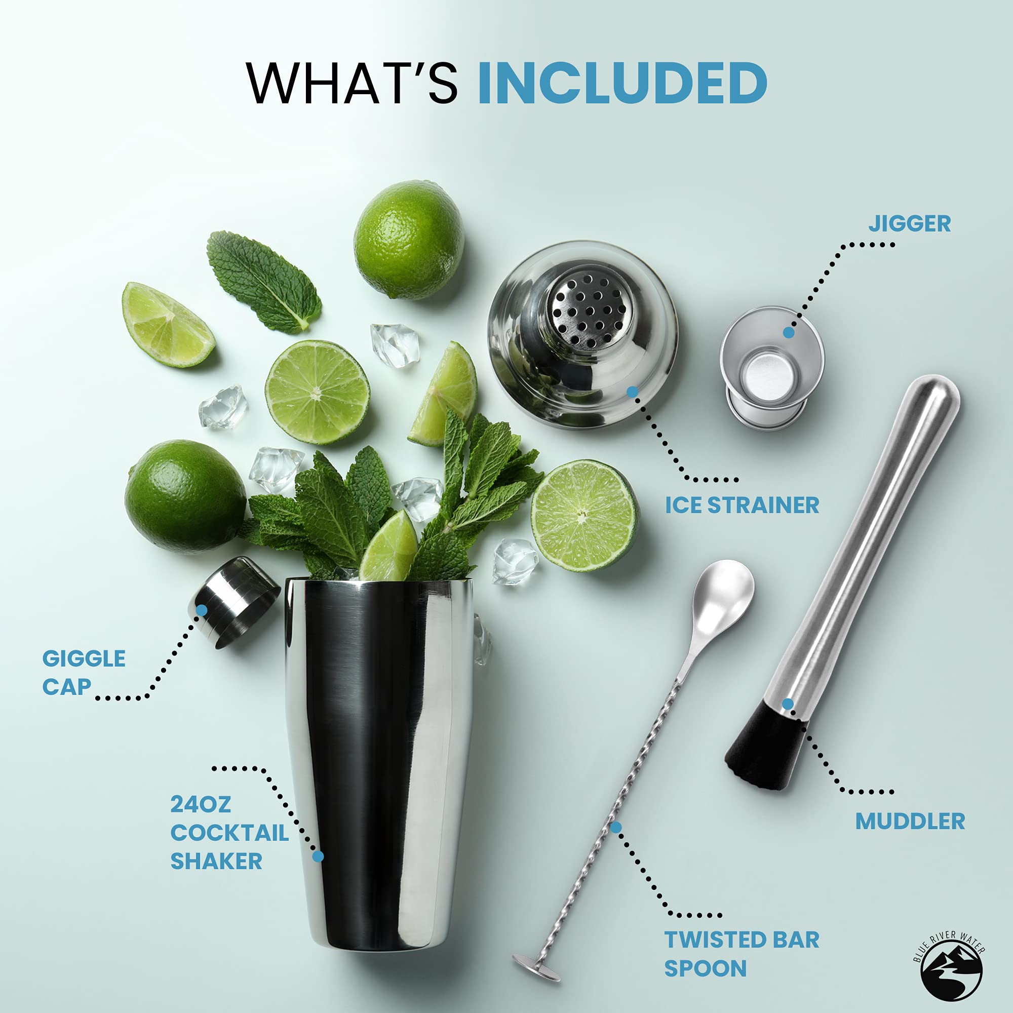 Blue River Water 24oz Cocktail Shaker Set - Martini Shaker w Built-in Drink Shaker Strainer, Muddler, Jigger, Mixing Spoon, Recipe Book for Bartending - Bar Shaker/Alcohol Shaker - Image 3