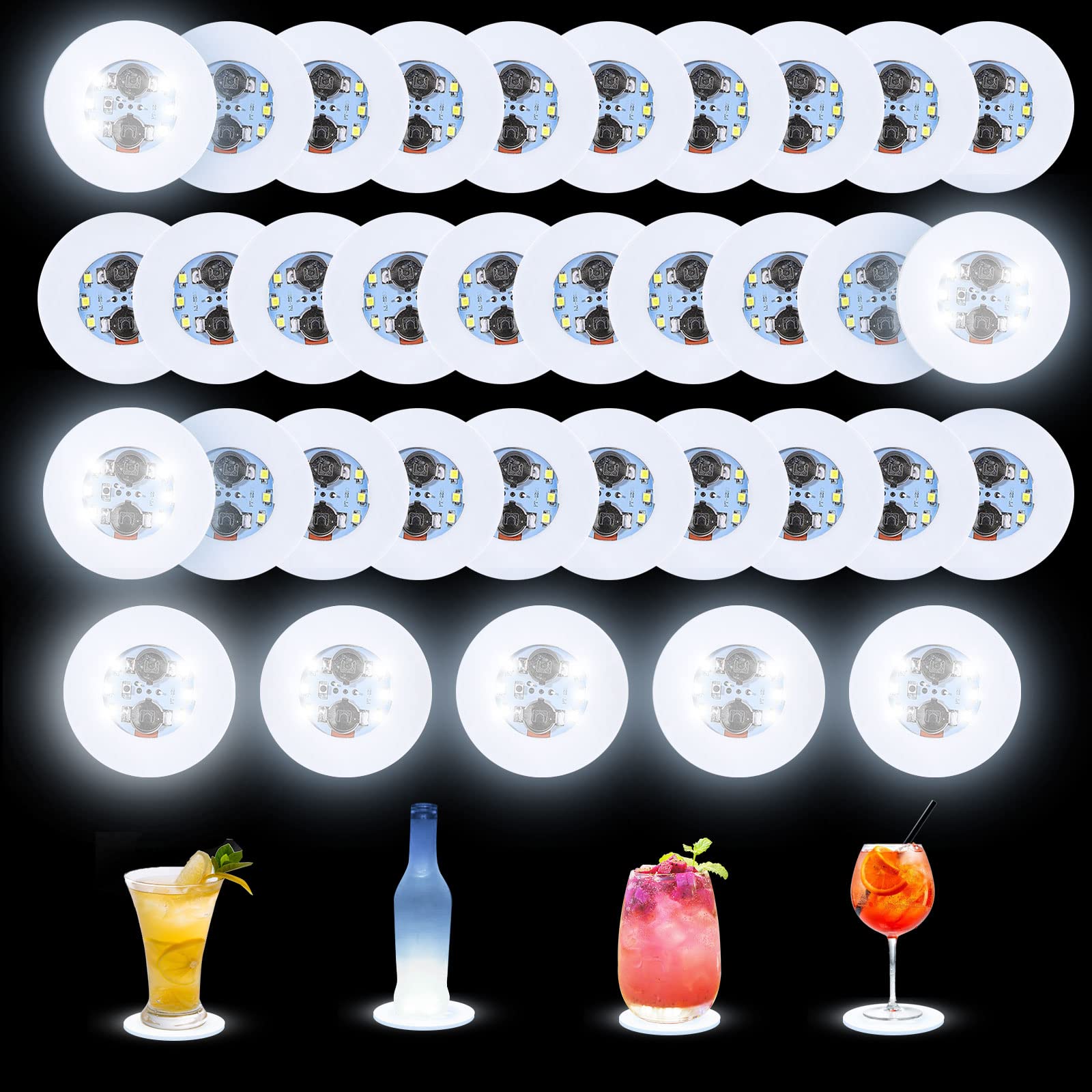35 Pack LED Coaster, LED Stickers Light Up Bar Drinking Coasters Tunnel Bottle Lighting Up Flash Cup Mat for Beer Wine Glass Beverage Mat Home Flashing Shots Light for Party, Wedding, Bar (White)