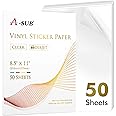 A-SUB Clear Sticker Paper for Inkjet Printers, Waterproof Transparent Printable Vinyl Sticker Paper, 50 Sheets 8.5x11 Inch Glossy Clear Label Paper for Custom Stickers, Decals