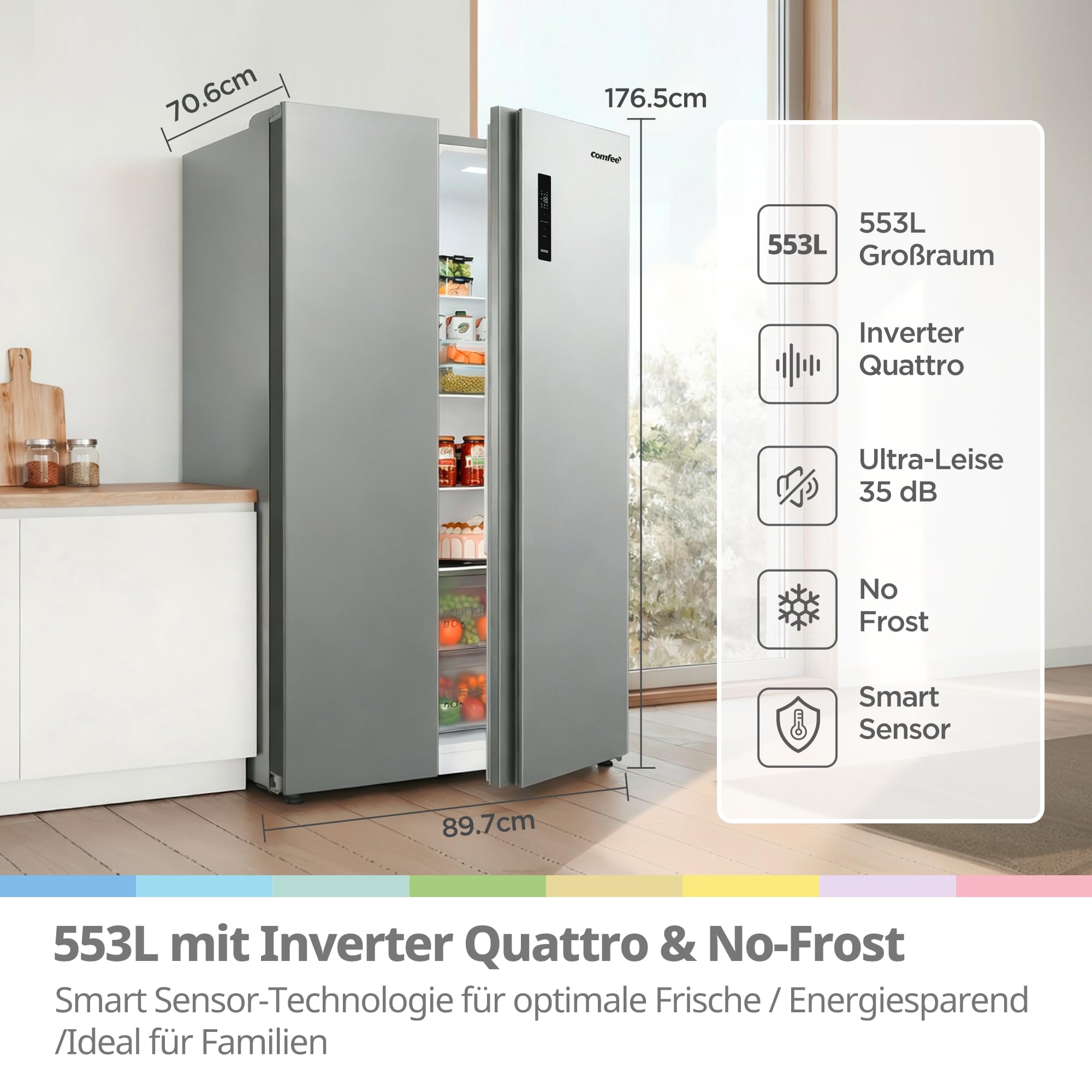 Comfee' Side-by-Side Kühl-Gefrierkombination 553 L | No Frost, 35 dB, Multi-Air-Flow | Platinum Fresh, Sensor & SuperCool | Titan-Grau, RCS536LS01EU(E) 2