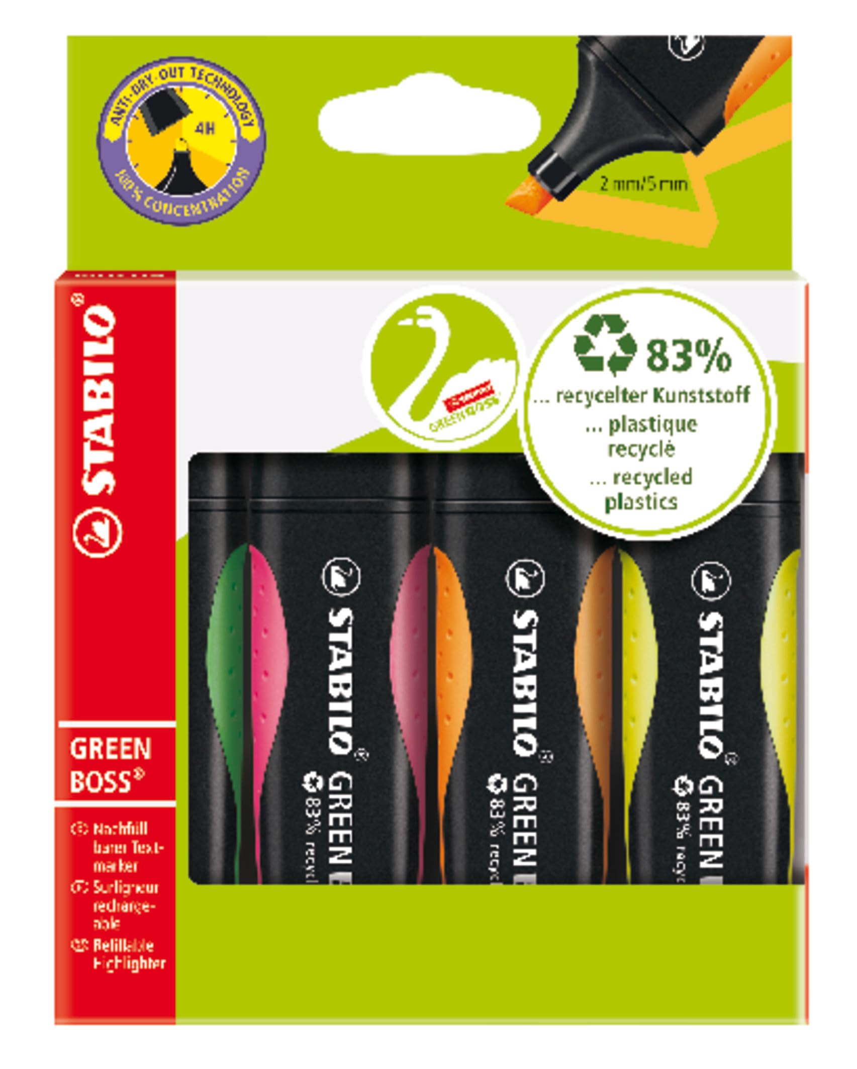 STABILO GREEN BOSS - Highlighter - Pack of 4 - Green, Pink, Orange, Yellow