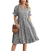 chouyatou Women's Y2k Plaid Babydoll Dress Puff Sleeve Ruffle Hem Short Dress Retro Gingham Swing Midi Dress