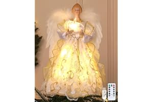 HMASYO Christmas Tree Topper Angel with Timer Lights, 12" Lighted Christmas Angel Tree Topper with White Feather Wings and St