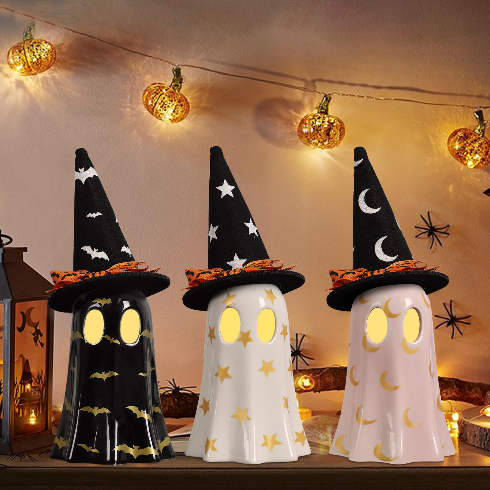 Photo 1 of DAZONGE Halloween Decor Indoor, Set of 3 Ceramic Ghosts with Witch Hats, Cute Spooky Ghost Figurines for Mantel, Shelf & Tabletop Decor, Halloween Decorations