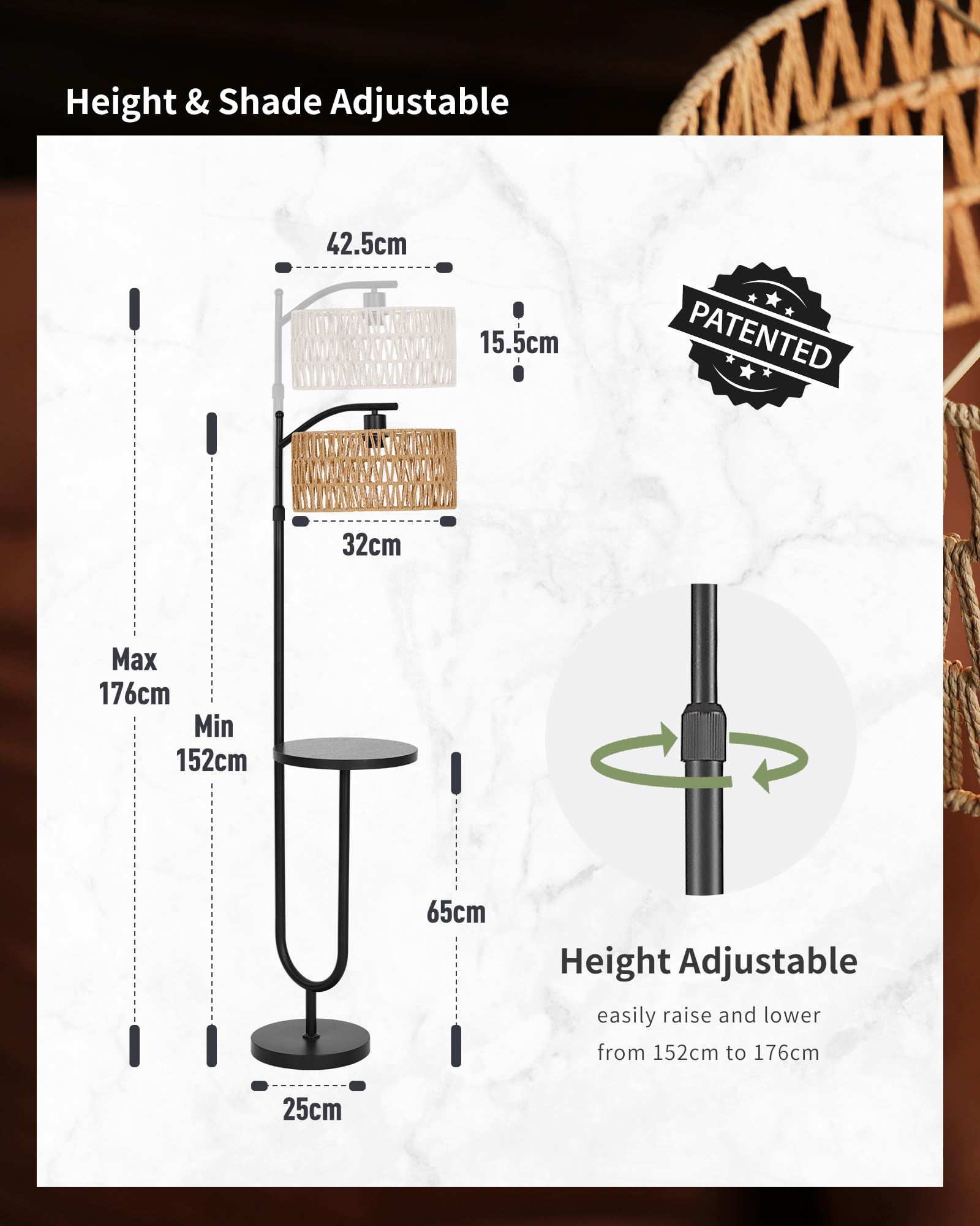 LuminexDesigns Stehlampe Wohnzimmer Vintage Rattan - Stehleuchte Schwarz Retro E27 mit Ablage Höhenverstellbar 176CM Boho Standleuchte mit 2M Kabel Fußschalter Beige Standlampe für Schlafzimmer 4
