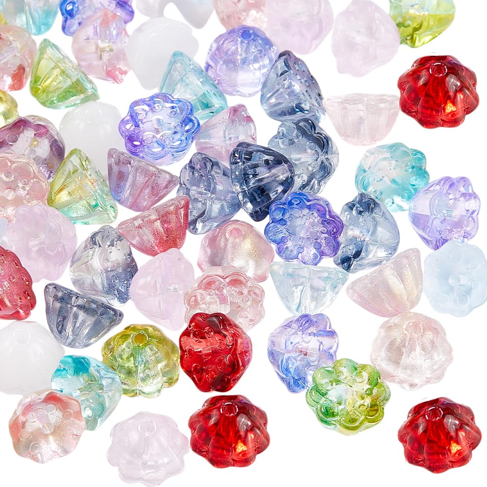 SOFPLATE 1 Box 100Pcs Glass Flower Bead Lotus Pod Beads Bulk Colorful Transparent Lotus Flower Shape Crystal Loose Bead End Caps for jewellery Making Beads Supplies DIY Bracelet Necklace Earrings Craf