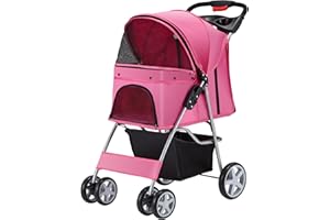 Azaeahom Pet Stroller, 4 Wheels Pet Strolling Cart for Medium/Small Dogs and Cats, Foldable Cat Jogger/Dog Stroller with Cup Holder, Storage Basket, Breathable Mesh, All-Season Pet Carrier, Pink