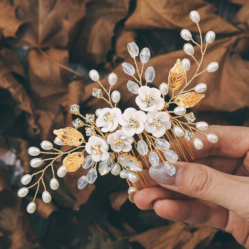 Photo 1 of Unicra Flower Bride Wedding Hair Comb Leaf Gold Bridal Headpiece Pearl Hair Accessories Crystal Hair Piece Jewelry for Women and Girls (B Gold)
