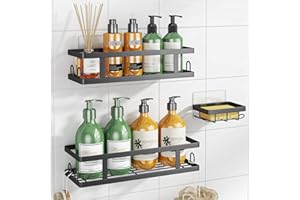 Youvip Adhesive Shower Caddy,Shower Shelves with Soap Holder and 12 Hooks,Rustproof No Drilling Bathroom Organizer and Storage,Black,3 Pack