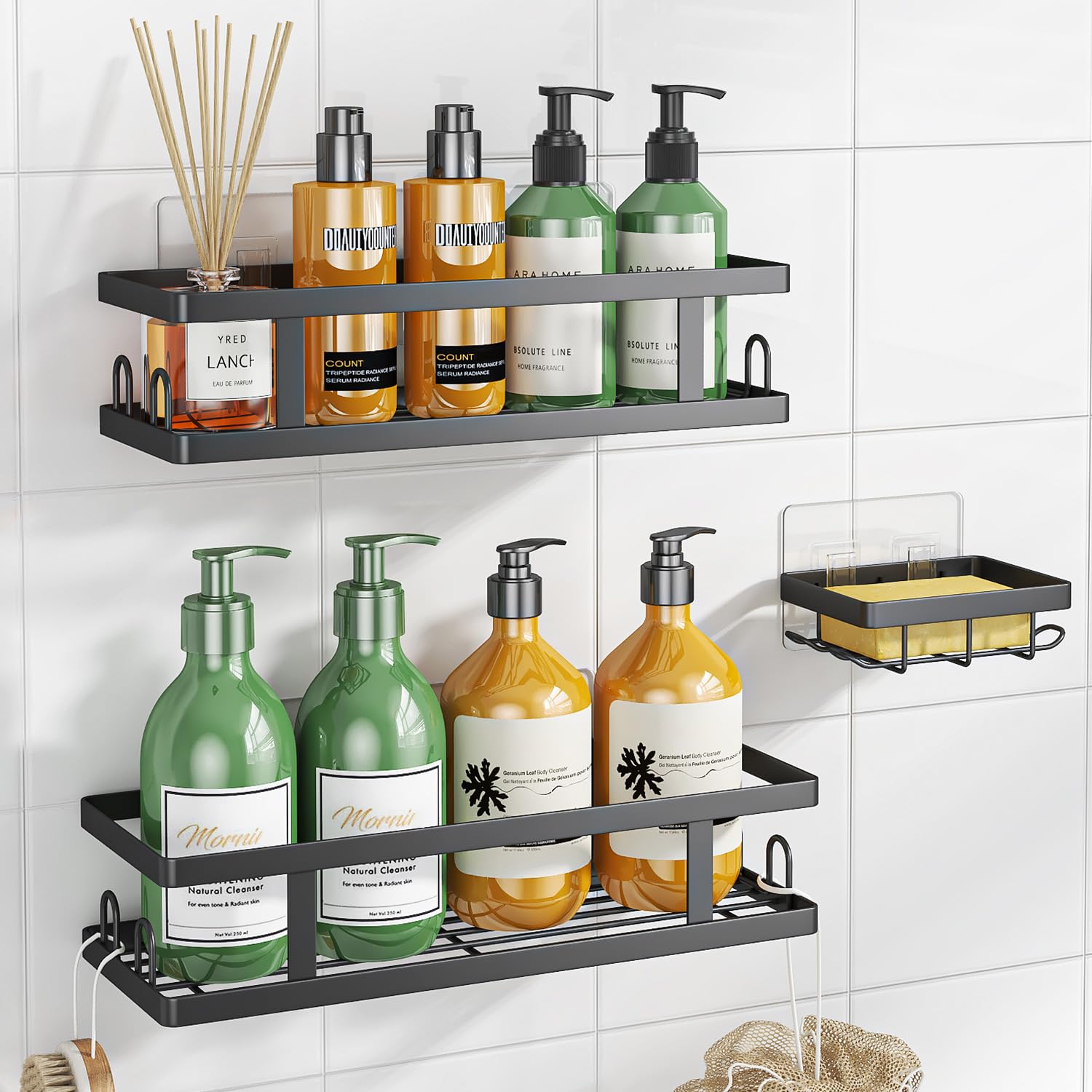 Photo 1 of Youvip Adhesive Shower Caddy,Shower Shelves with Soap Holder and 12 Hooks,Rustproof No Drilling Bathroom Organizer and Storage,Black,3 Pack