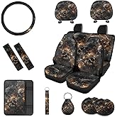 Rucaresri 13pcs Flame Skull Print Car Seat Covers with Car Steering Wheel Covers, Armrest Pad Protectors, Seat Belt Covers and Keychain Coasters Universal Fit SUV Truck Cars Women Men Gift