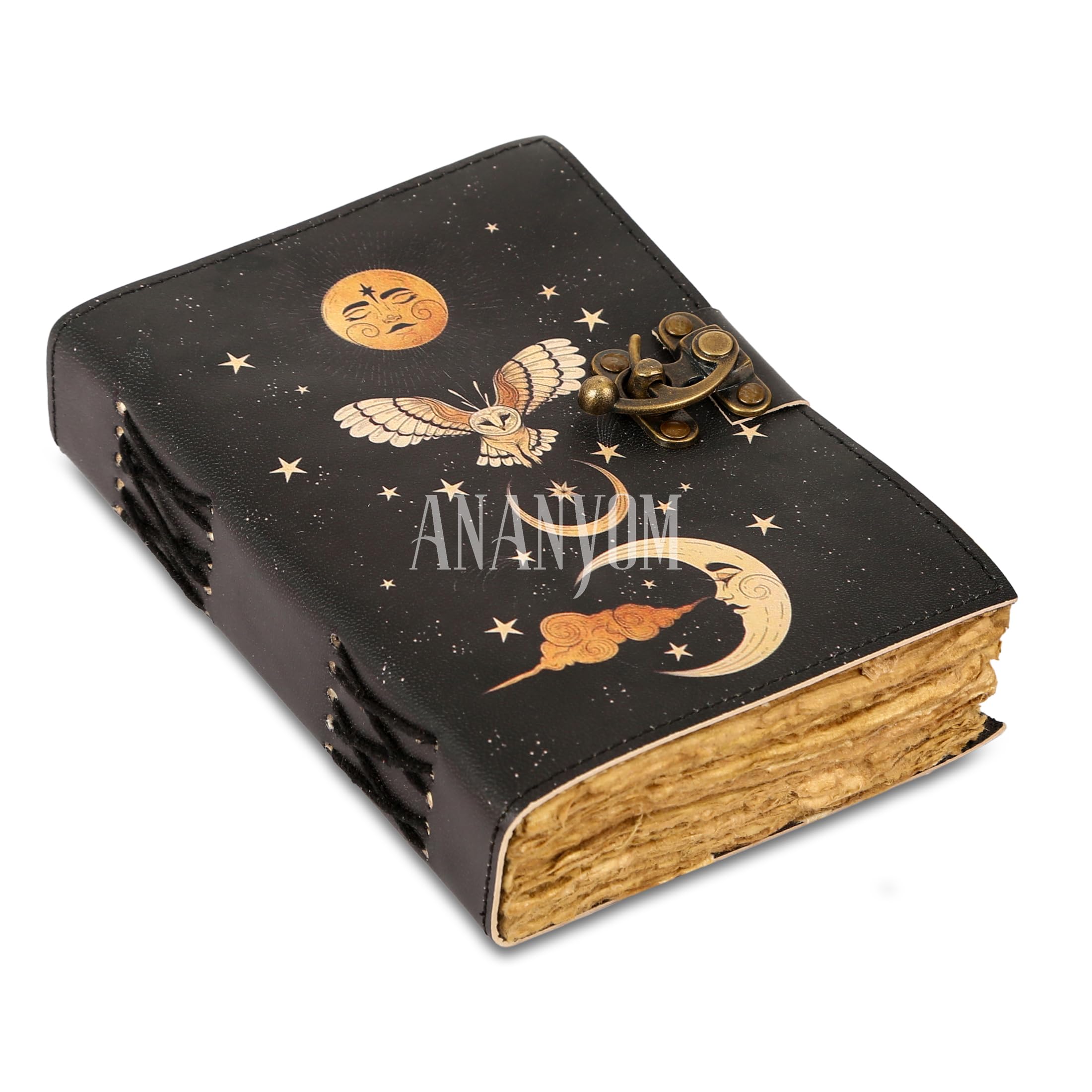 ANANYOM Handmade Black Leather Journal – Sun & Moon Embossed Notebook Diary, 8x6” Vintage Sketchbook with Brass Clasp – 200 Unruled Deckle Edge Pages – Artist & Writer Gift, Handmade Leather Notebook
