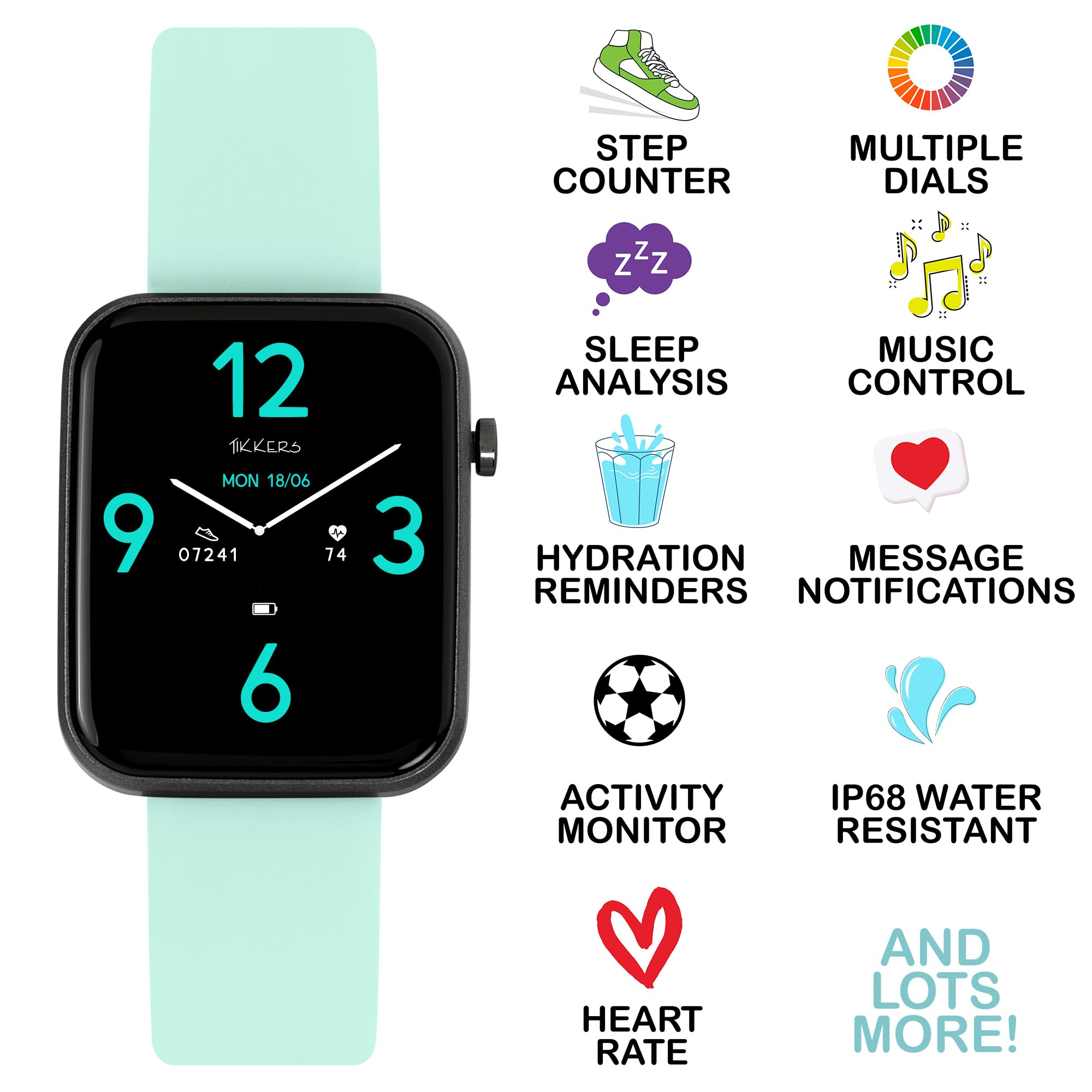Tikkers Kids Series 13 Smart Watch with Fitness Tracker, Alarm Clock, Camera, GPS Connection, Heart Rate Monitor, Step Counter, Touch Screen, Blue Silicone Strap