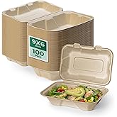 Fit Meal Prep 100 Pack 9x6 Compostable To Go Food Containers, Disposable To Go Boxes for Food, Lunch Boxes, Clamshell Take Out Containers with Lids, Eco Friendly Biodegradable, PFAS-Free, Bagasse