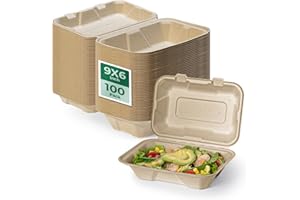 Fit Meal Prep 100 Pack 9x6” Compostable To Go Food Containers Disposable Lunch Box, To Go Boxes Clamshell Kraft, Eco Friendly 100% Biodegradable Bagasse Take Home Containers for Food, Microwave Safe