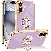 Dinick Designed for iPhone 17 Case with Ring Holder Soft TPU Bumper Glitter Plated Slim Cover for Women Men Finger Stand for iPhone 17 Case Purple and Gold