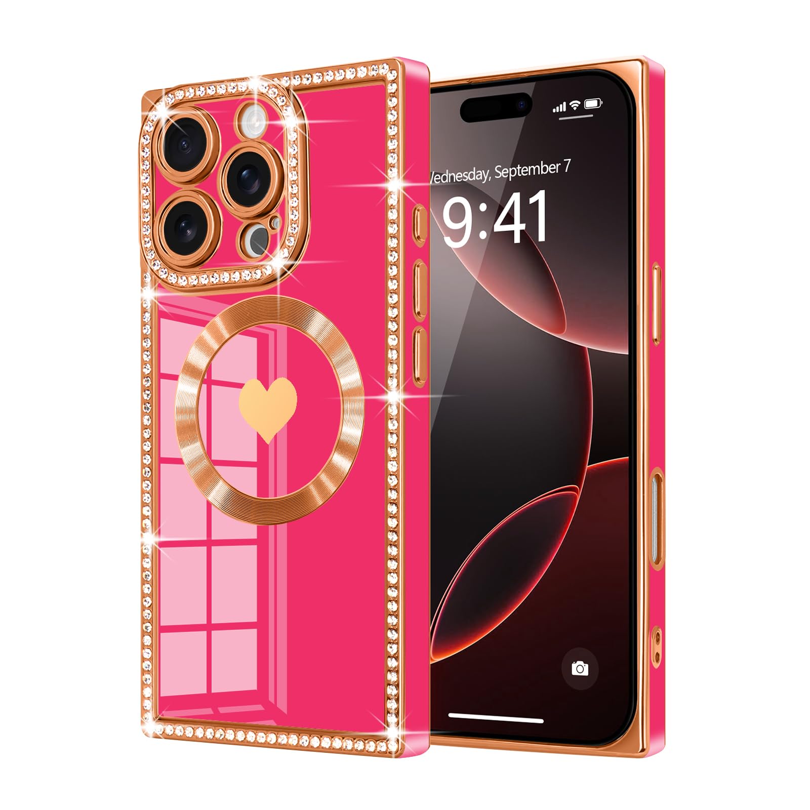 Urarssa for iPhone 16 Pro Case Glitter for Women Girls Sparkle Diamond Rhinestones Compatible with MagSafe Rectangle Love Heart Gold Plating Full Camera Protection Shockproof Phone Case Cover,Hot Pink