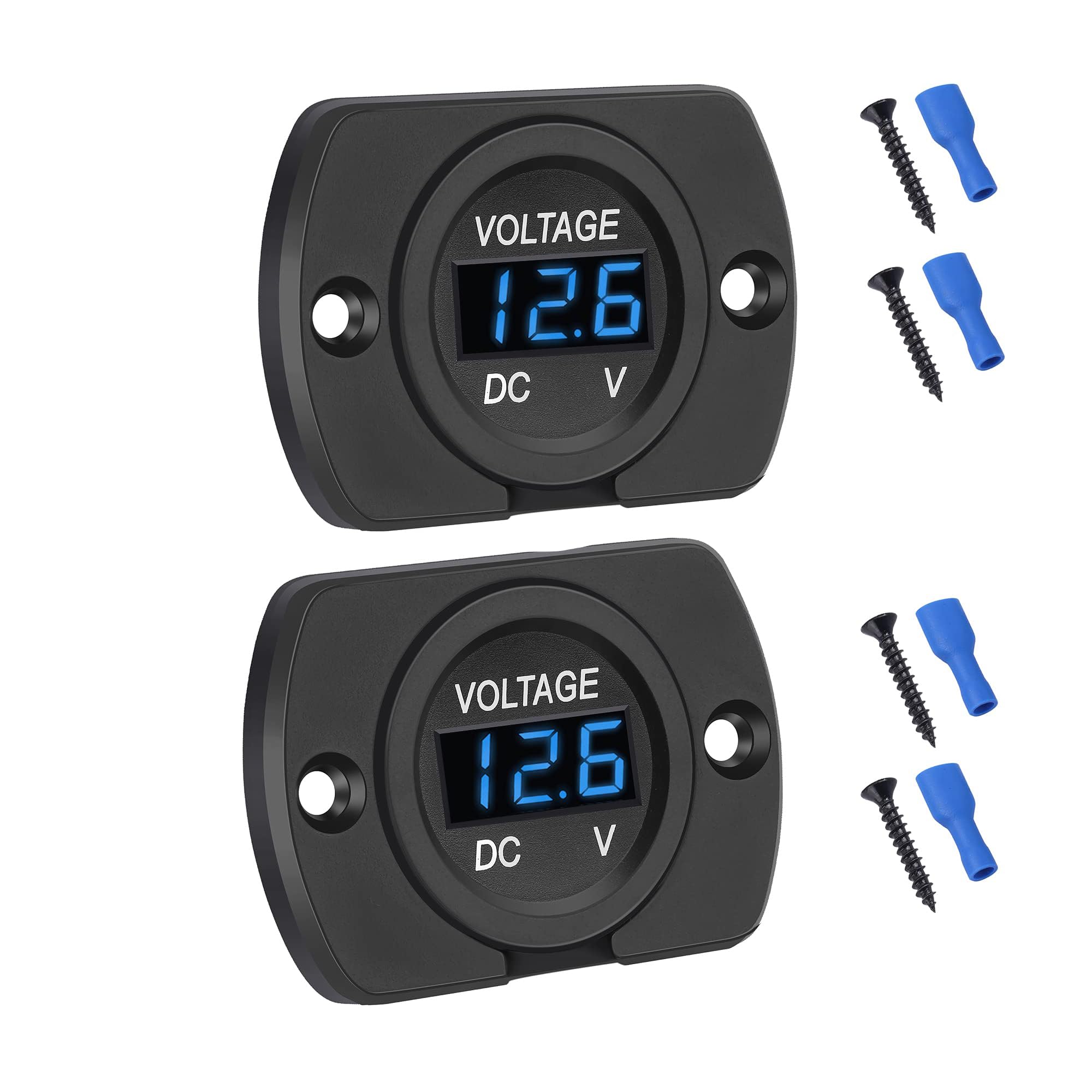 Unifizz 2 Pack Waterproof Car Voltmeter LED Digital Display Panel - DC 12V/24V, Round Voltage Gauge for Car/Motorcycle/Travel Trailer/Truck/Boat/ATV/UTV (Blue LED Display)