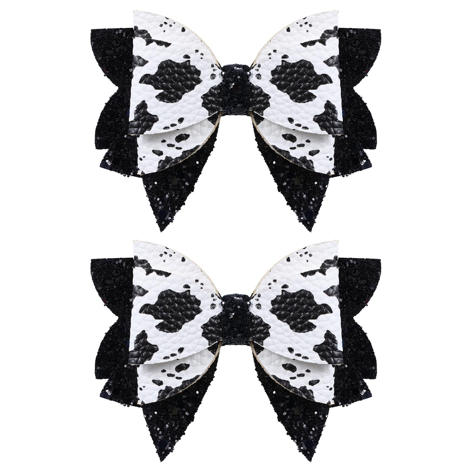 Photo 1 of 2pcs 3.5 in Glitter Cow Hair Bow Clips,Sparkly Black White Cow Print Bowknot Alligator Barrettes for Western Girls,Teens,Toddlers,Baby Birthday Party Dress Decor Accessories Gift