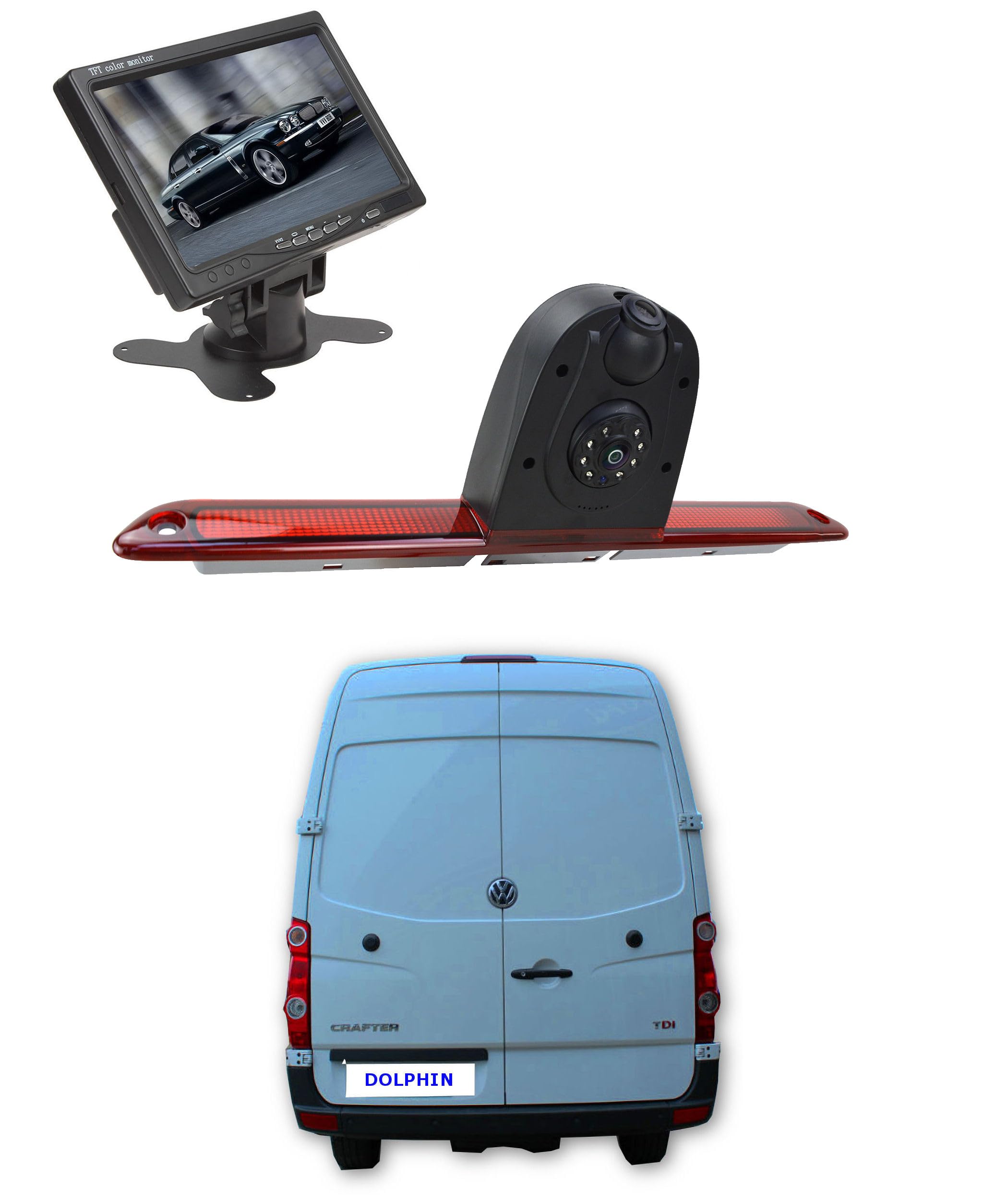 Dolphin Automotive Dual Rear View Parking Reversing Brake Light Camera Fits Mercedes Sprinter Van 2007-2026 (Camera with 7" Dash Monitor)