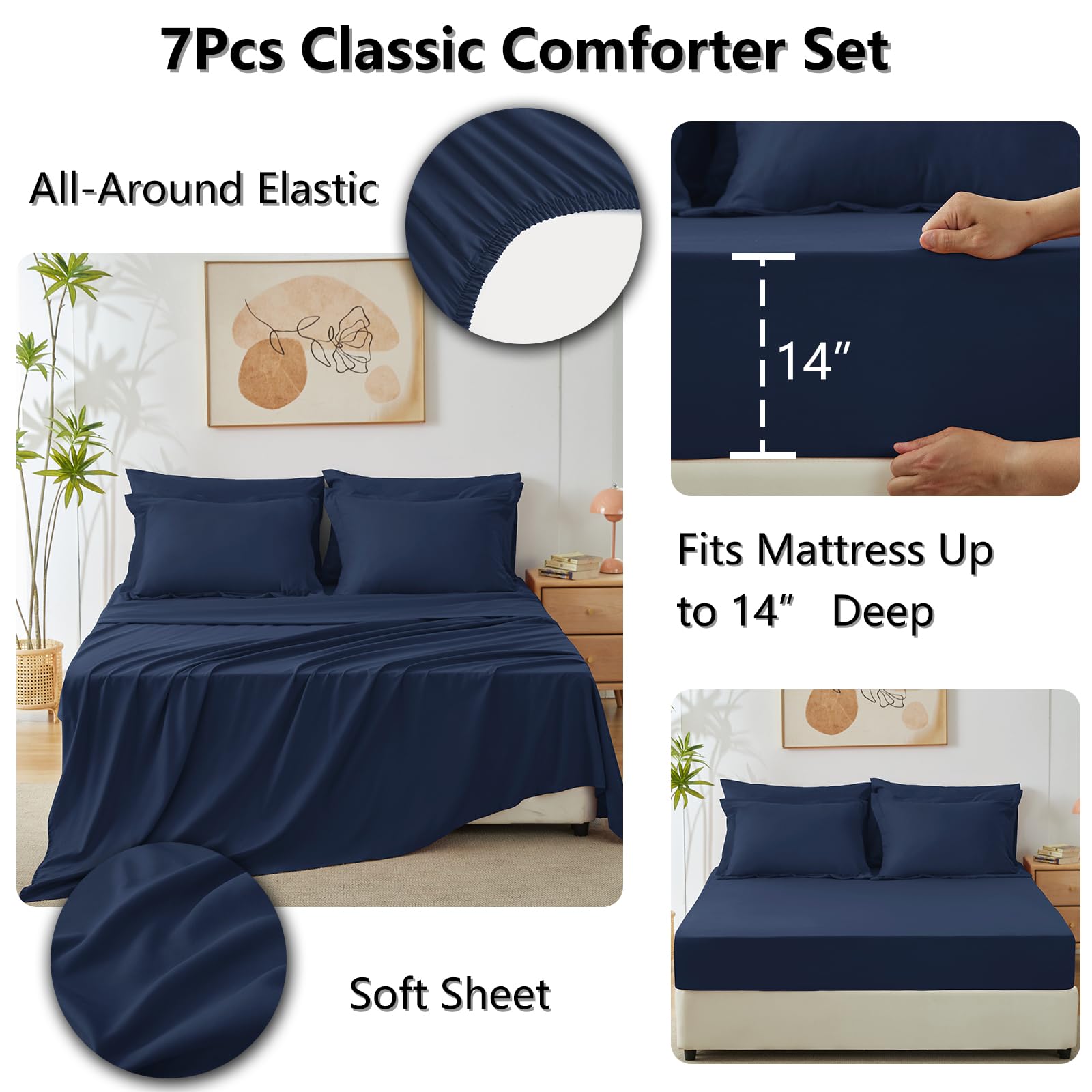 CozyLux Queen Comforter Set Navy Blue - Bed in a Bag Queen Size 7 Pieces, Luxury Soft Bed Set for All Seasons, Bedding Set with Down Alternative Comforter, Sheets, Pillowcases & Shams
