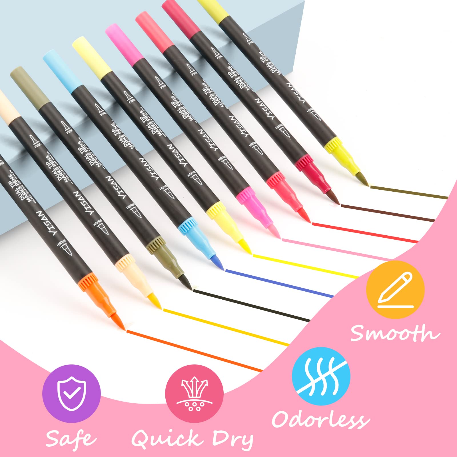 YISAN Fine Tip Markers for Adult Coloring,Drawing Art Pens, Brush Tip Artist Fine Point Colored Journal Pens,70771
