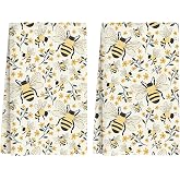 ASDFKVFR Bee Kitchen Towels, Spring Floral Kitchen Towels, Housewarming Gift, Reusable Waffle Hand Towel for Spring Seasonal Holiday Cleaning Dining Baking Bathroom Home Decor Set of 2 16x24 Inch