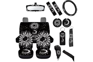 FUIBENG 14 Pack Moon and Stars Car Seat Covers Full Set Black Car Accessory with Universal Fit Steering Wheel Cover/Seat Belt/Keyring/Coaster/Car Rear View Mirror Covers Automotive Interior Sets