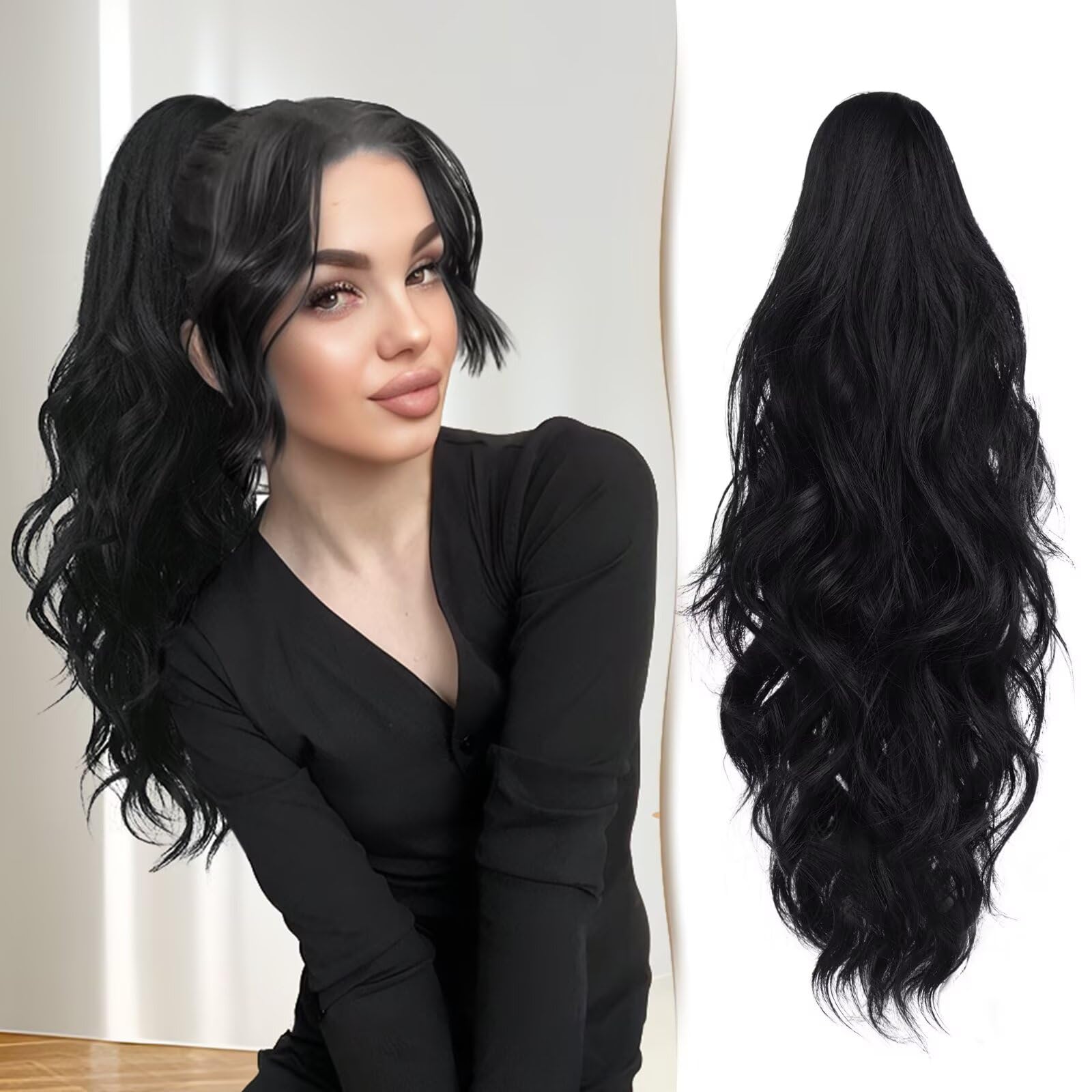 Photo 1 of Sidaila Ponytail Extension 18" Black Hair Extensions Claw Clip on Ponytails Curly Wavy Long Pony Tail Synthetic Fake Hair Natural Hairpieces for Women Girls - Black Ponytail Extension