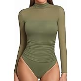 MANGOPOP Women's Mock Turtle Neck Bodysuit Mesh Ruched Short Long Sleeve Body Suit Sexy Sheer Trendy Going Out Outfits Tops