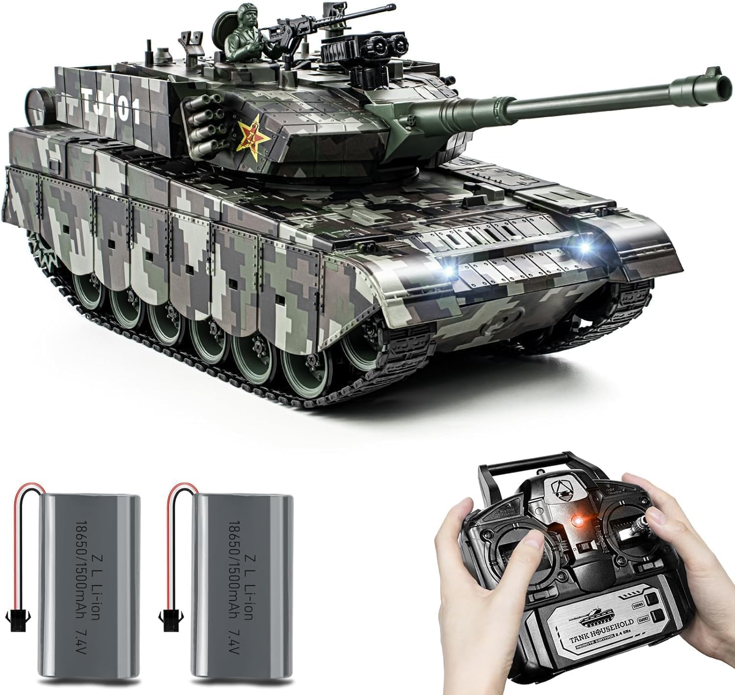 1:18 RC Tank, 2.4Ghz Chinese 99 Main Remote Control Battle Tank, 15 Channel RC Vehicle Army Toy with Smoke, Light and Sound, Military Truck for Adults and Kids That Shoots BBS and Water Bombs