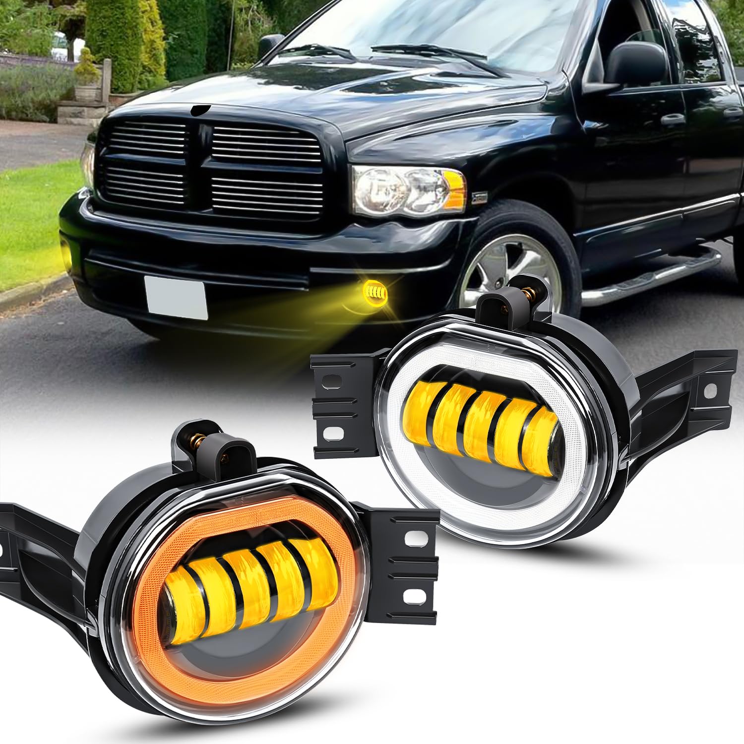 Photo 1 of FICOLPO Led Fog Lights with Daytime Running Light & Turn Signal Light for 2002-2008 Dodge Ram 1500, 2003-2009 Ram 2500/3500 Pickup & 2004-2006 Durango - Bumper Driving Fog Lamps OEM Replacement(Amber)