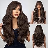 YOUGRACE Dark Brown Wig with Bangs, Wavy Wigs for Women Synthetic Hair Wig for Daily Party Use 26 Inch