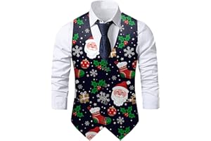 Mens Christmas Suit Vest Funny Santa Claus 3D Graphic Jacquard Waistcoat Holiday Festival Party Sleeveless Jackets