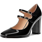 WEANDWEI Women's High Heel Mary Jane Single Shoes, Chunky Heel Square Toe Pumps for Women, Closed Toe Work Party Dress Shoes